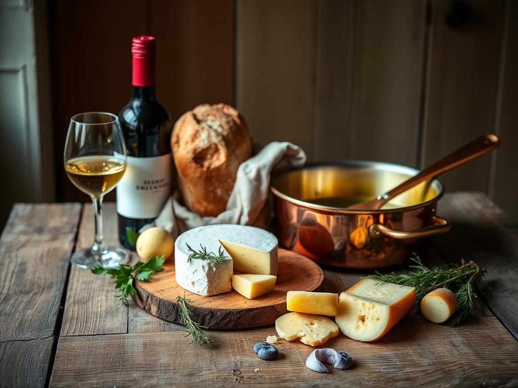 Mesa rústica francesa com pão, queijos e vinho