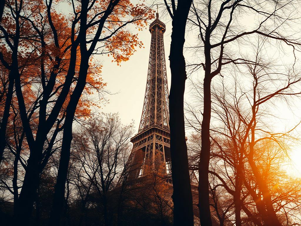 Torre Eiffel vista entre árvores de outono