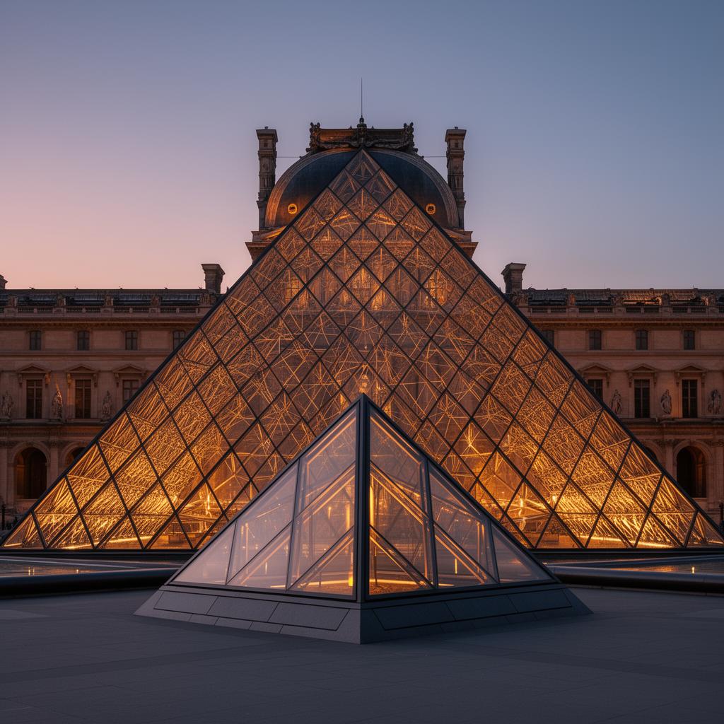 Pirâmide de vidro do Louvre ao entardecer