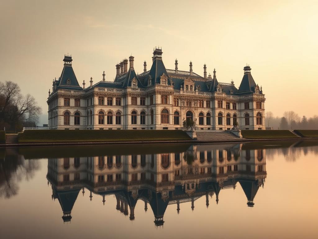 Castelo francês refletido em moat ao amanhecer