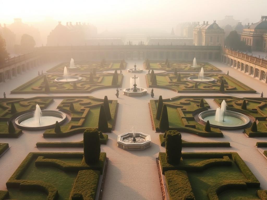 Jardins formais de Versalhes na bruma matinal